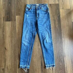 Sandro Blue Straight Leg Jeans with Frayed Hem details and some Distressing